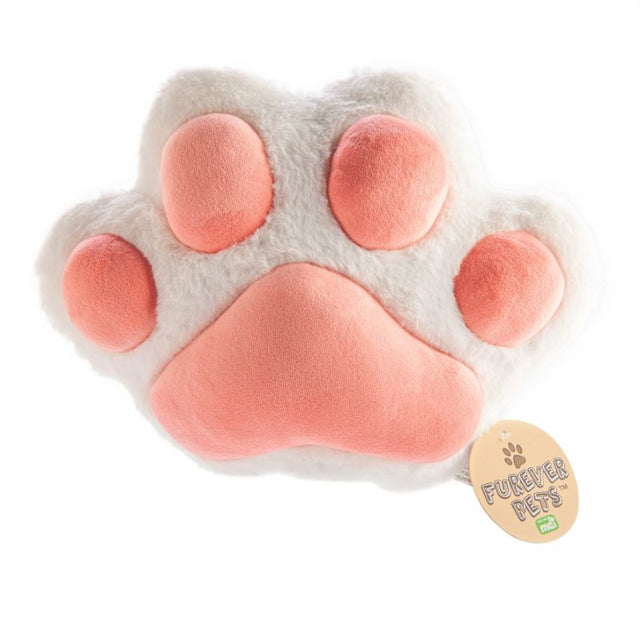 Plush cushion shaped like a cat paw, featuring fuzzy faux fur and velour pads, perfect for cozy decor.