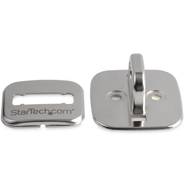 Stainless steel laptop cable lock anchor for securing devices to solid surfaces against theft.