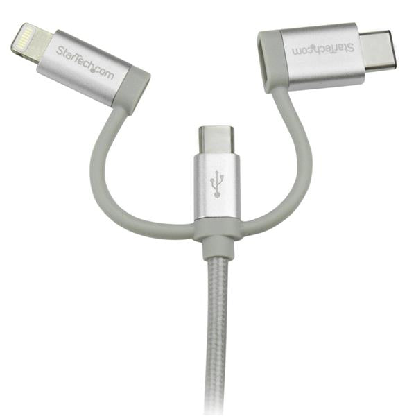 Braided 3-in-1 USB Multi-Charger Cable with Lightning, USB-C, and Micro-B connectors, 1 meter long for versatile device charging.