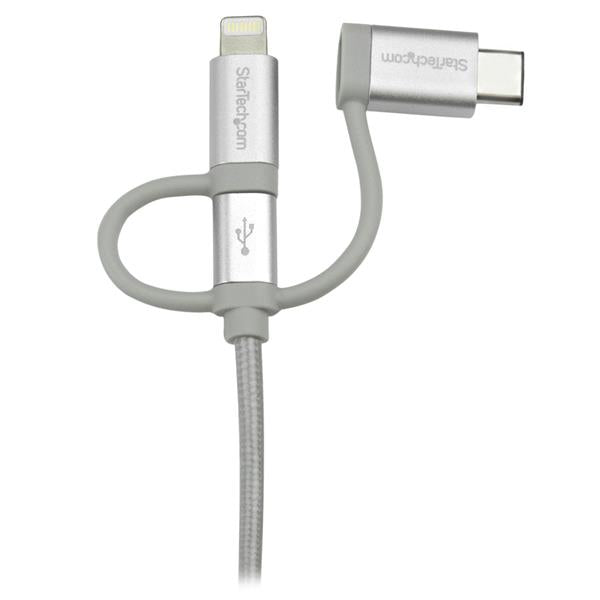 3-in-1 USB Multi-Charger Cable with Lightning, USB-C, and Micro-B connectors, braided for durability and tangle-free use.