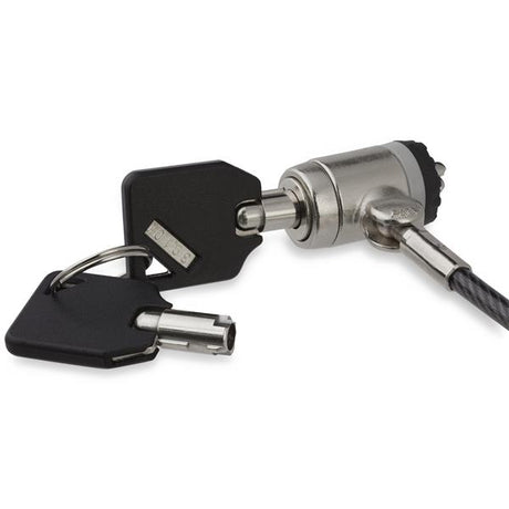 Keyed Cable Lock with 2 m steel cable, push-to-lock button, for securing laptops and devices against theft.