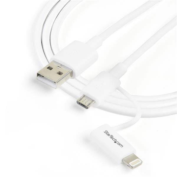 Apple Lightning or Micro USB to USB Cable - 1m: versatile white 2-in-1 cable for charging and syncing Apple and Android devices.