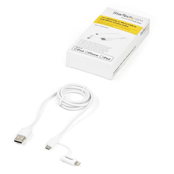 Apple 2-in-1 Lightning and Micro USB to USB Cable, 1m, in white—perfect for charging and syncing Apple and Android devices.