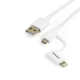 Apple 2-in-1 Lightning and Micro USB to USB cable in white, 1m length, ideal for charging and syncing devices.