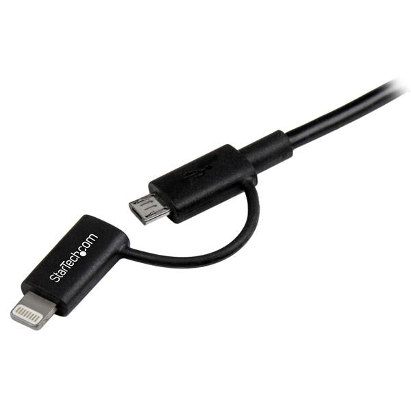 Black 1m (3ft) 2-in-1 cable with Apple Lightning and Micro USB connectors for charging and syncing devices.