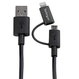 Black 1m 2-in-1 Apple Lightning and Micro USB to USB cable for charging and syncing devices, MFi certified for quality.