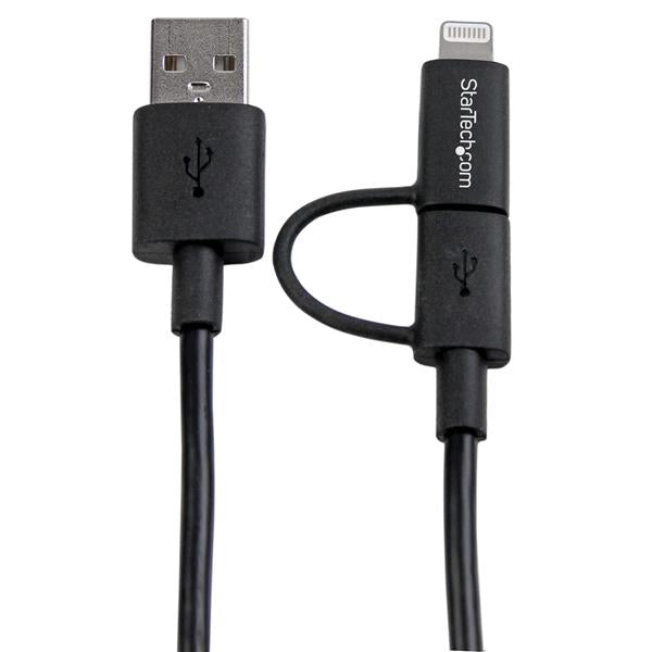 2-in-1 black Apple Lightning and Micro USB cable for charging and syncing Apple and Android devices, 1m long.