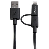 2-in-1 black Apple Lightning and Micro USB cable for charging and syncing Apple and Android devices, 1m long.