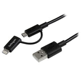 Black 1m Apple Lightning or Micro USB to USB cable, ideal for charging and syncing Apple and Android devices.