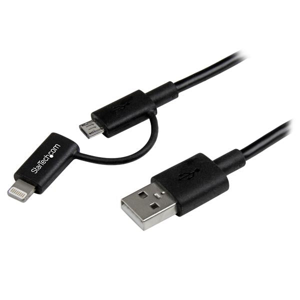 Black 1m Apple Lightning or Micro USB to USB cable, ideal for charging and syncing Apple and Android devices.