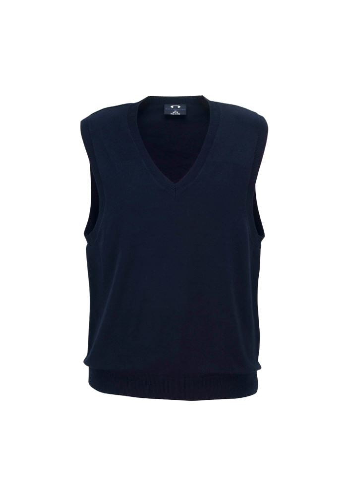 Navy Ladies V-Neck Vest in size S, crafted from a soft viscose-nylon blend, featuring ribbed details and machine washable for easy care.