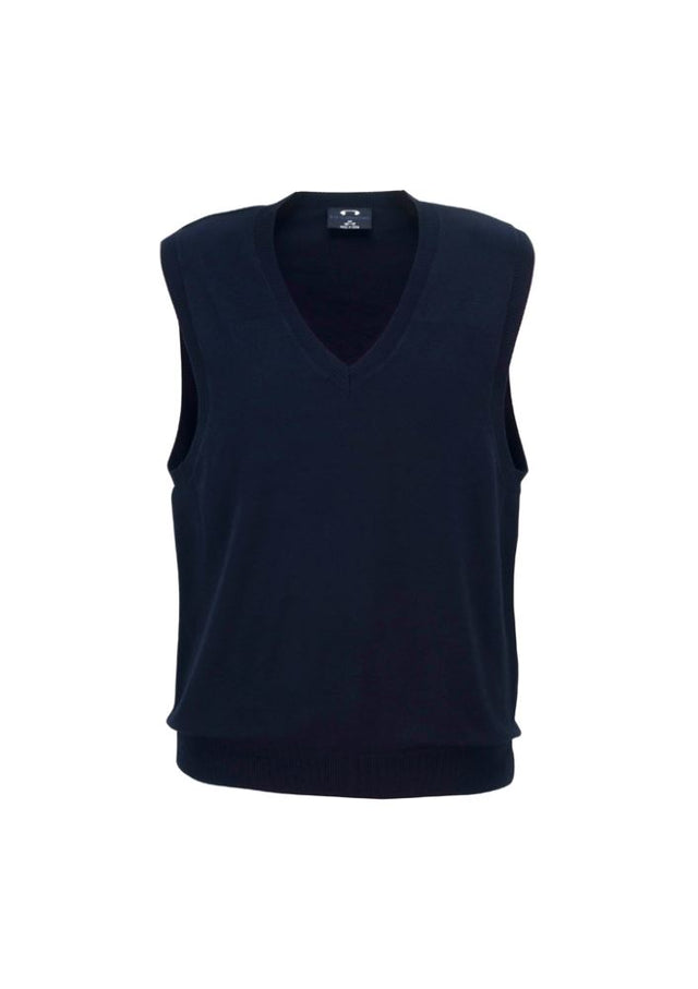 Navy Ladies V-Neck Vest in size S, crafted from a soft viscose-nylon blend, featuring ribbed details and machine washable for easy care.