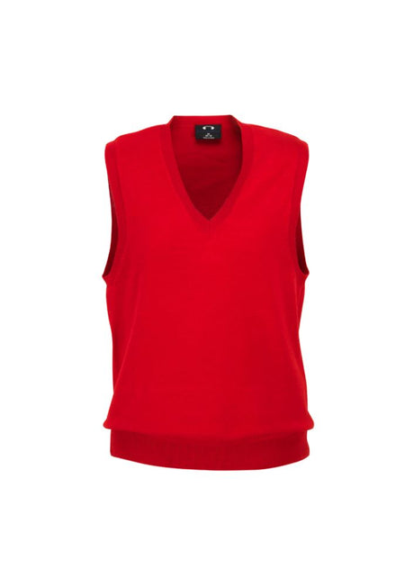 Ladies V-Neck Vest in striking red, size S, featuring a ribbed neckline and soft, breathable fabric for chic layering.