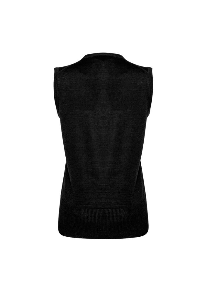 Ladies Milano Vest in black, size XS, featuring a V-neck, made of wool-acrylic blend for comfort and versatility.
