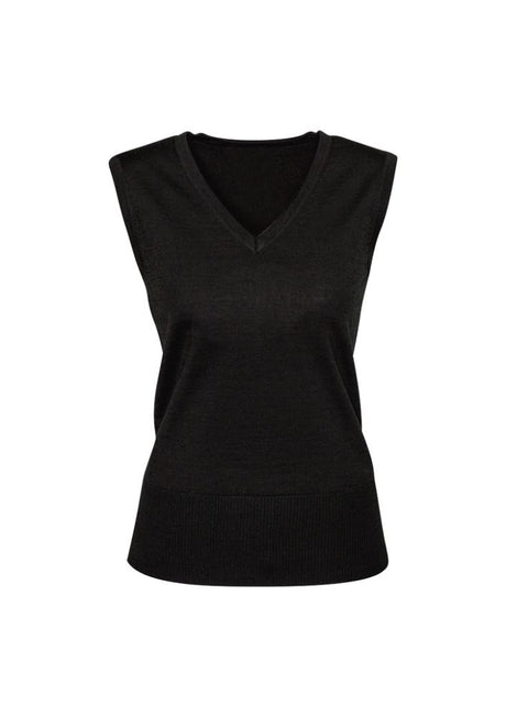 Ladies Milano Vest in black, size S, featuring a V-neck design, crafted from a warm wool-acrylic blend for versatile layering.