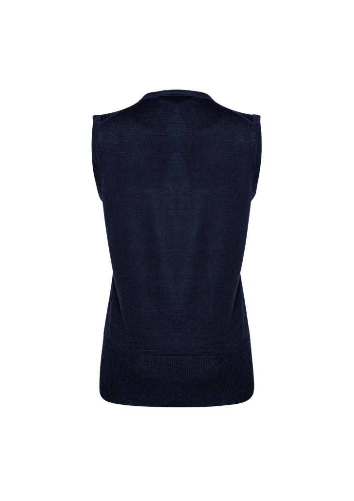 Navy Ladies Milano Vest in size XS from Biz Collection, featuring a V-neck style, made of wool-acrylic blend for warmth and comfort.