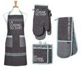 Set of two stylish La Cuisine pot holders in charcoal with green and blue accents, perfect for heat protection and kitchen decor.