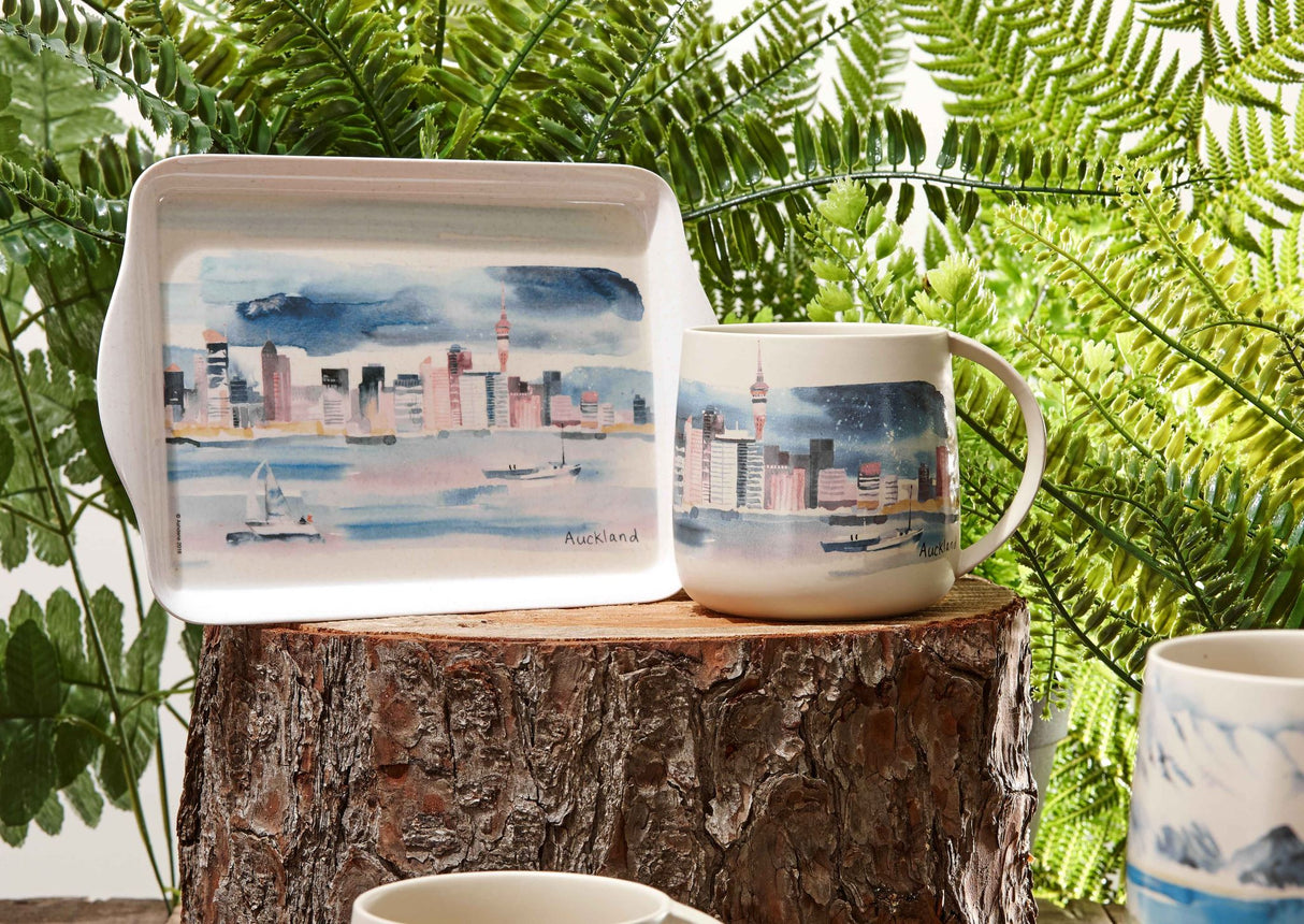 Set of 3 vibrant, hand-painted mugs featuring iconic Auckland landmarks, perfect for enjoying coffee or tea.