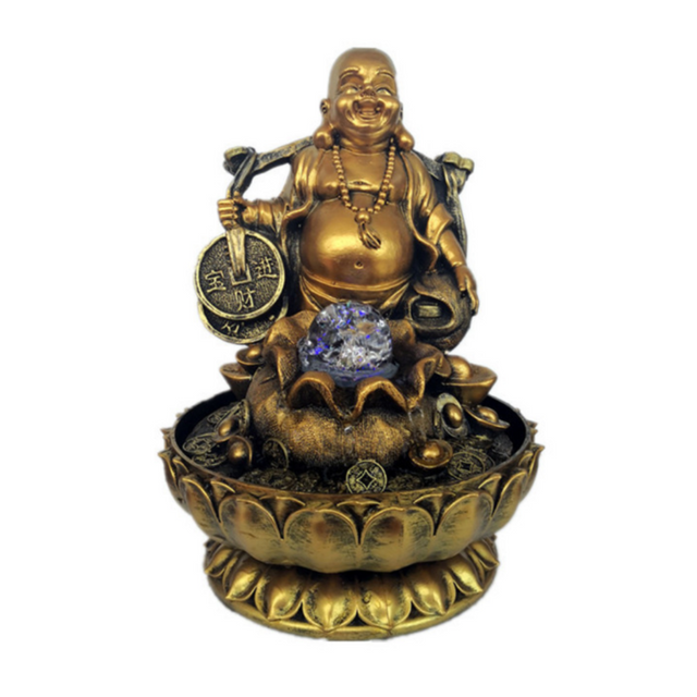 Good Fortune Buddha water feature with gold sack and rolling ball, featuring multi-coloured lights, perfect for serenity and Feng Shui.