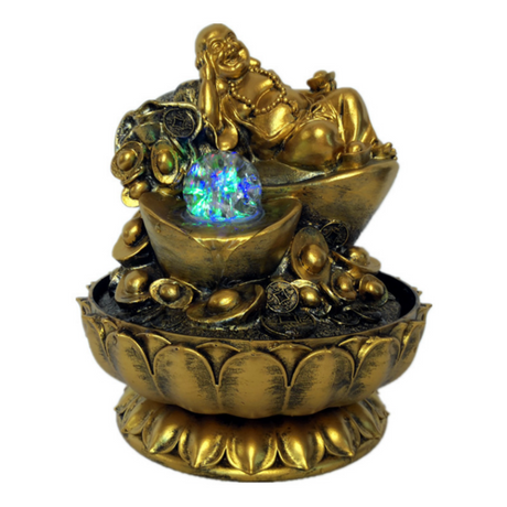 Good Fortune Gold Buddha water feature with rolling ball and multi-colored LED lights, promoting tranquility and prosperity.