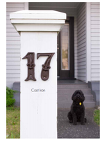 Cast iron house number '5', 11x8 cm, elegant design, weather-resistant, includes pre-drilled holes for easy installation.