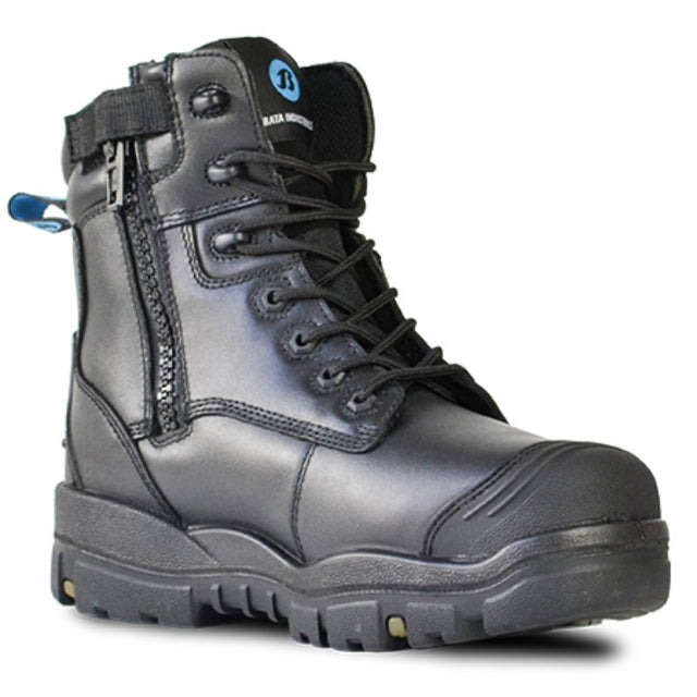 Bata Longreach OMH Black Safety Boot in Size 12, featuring waterproof leather, steel toe, and anti-penetration protection.