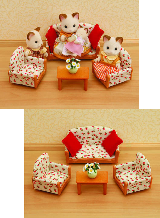 3 Piece Sylvanian Families furniture suite including sofa, armchairs, and coffee table with cushions and flowers for imaginative play.