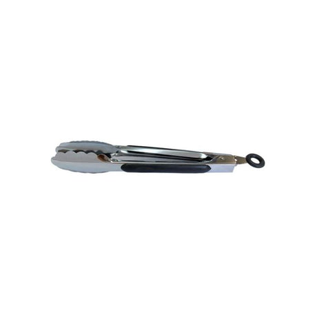 Stainless steel kitchen tongs with 24cm length and non-slip rubber grip for secure handling of hot foods.