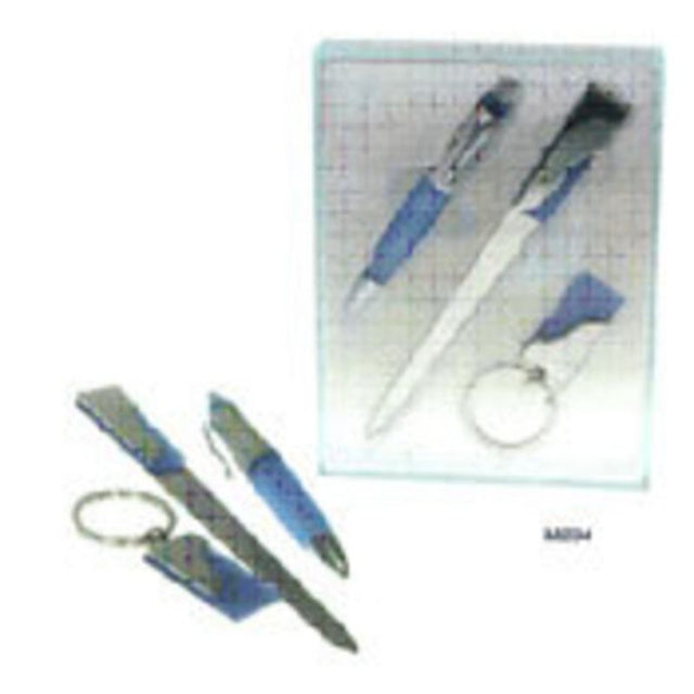 Elegant stationery gift set featuring a pen, key ring, and letter opener, perfect for style and functionality.