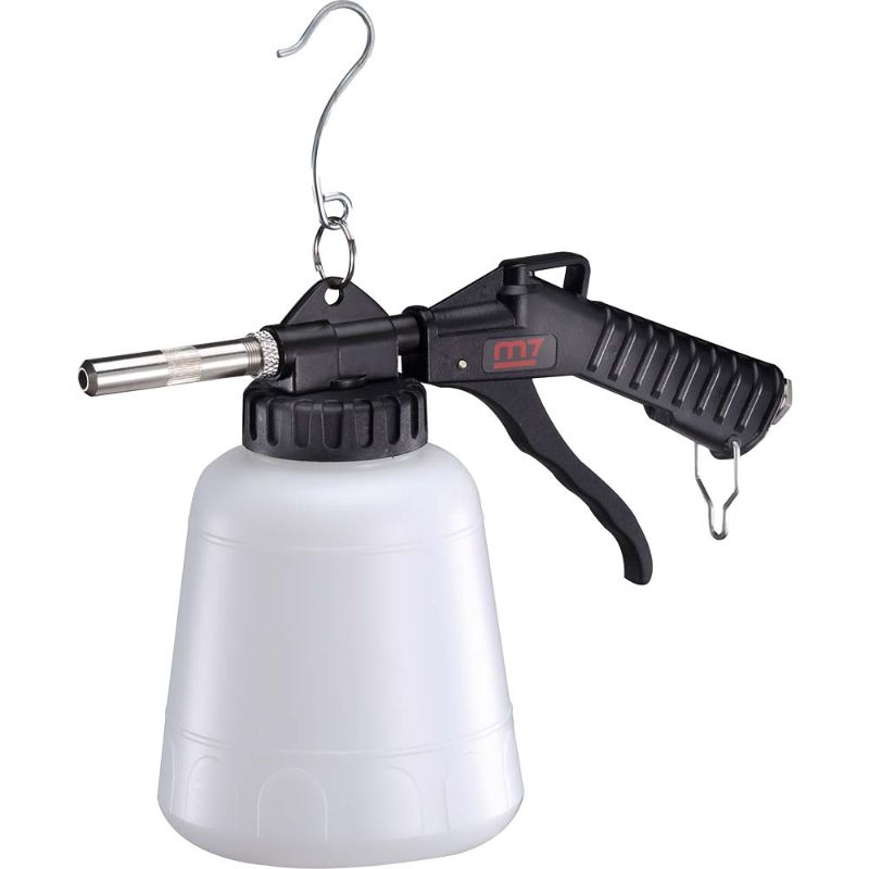 M7 Air Grit Blasting Gun with 1L capacity, adjustable nozzle, and hanger hook for effective rust and paint removal.