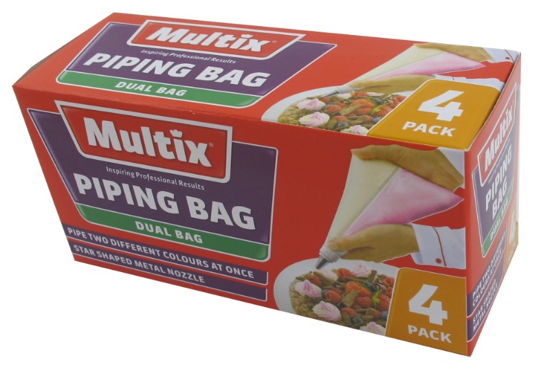 Multix Dual Piping Bags set includes 4 bags and 1 nozzle for piping dual colors with precision for creative cake decorating.