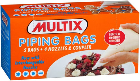 Multix Piping Bags set with 5 durable bags and 3 interchangeable nozzles for creative cake decorating and baking.