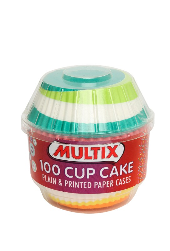 Multix Cup Cake Cases 100-pack, versatile liners in printed and plain designs for stylish baking and easy cleanup.