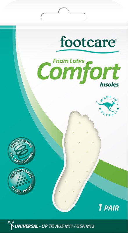 Footcare Foam Latex Comfort Insoles offer cushioned support, antibacterial freshness, and a perforated design for airflow and dryness.