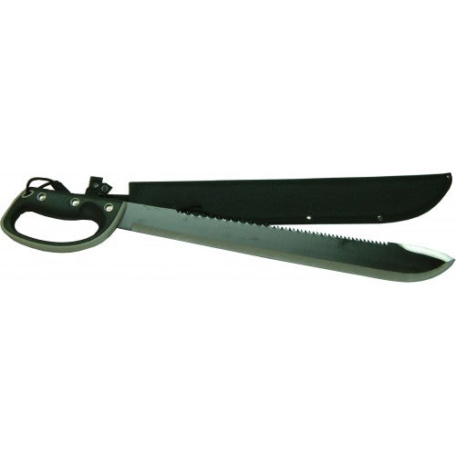 Machette with 16" stainless steel blade and ergonomic soft rubber handle, perfect for outdoor tasks and landscaping.