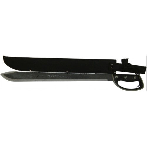 19" stainless steel machette with soft rubber handle, ideal for outdoor tasks, featuring a durable sheath with belt loop.