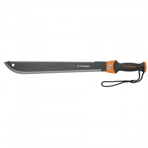 Truper Double Edge Blade+Saw (45cm) featuring a carbon steel blade and ergonomic non-slip handle for versatile outdoor cutting tasks.