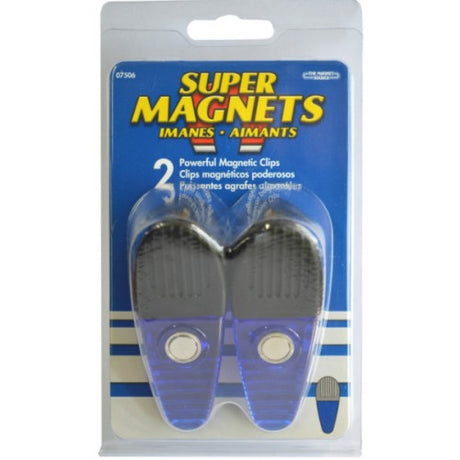 Blue magnetic clips for organizing notes and reminders on metal surfaces, ideal for home and office use.