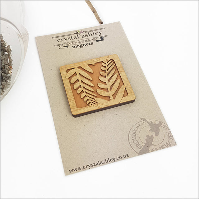 Rectangle Fern Magnet, 59mm, made of NZ Rimu and bamboo, features a delicate fern design, perfect Kiwiana souvenir.