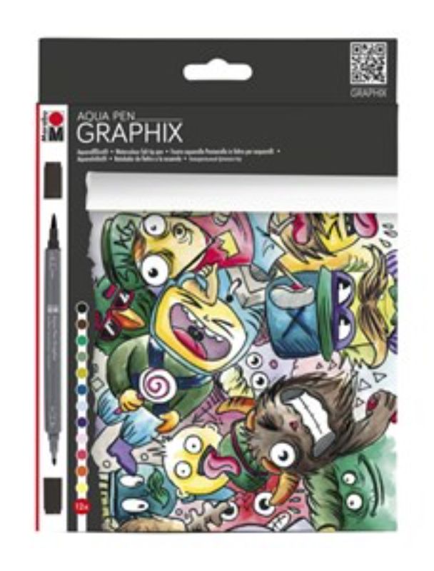 Marabu Aqua Pen Graphix MEGA MASH set with 12 vibrant double-tip pens for watercolour art and blending.