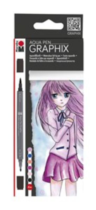 Marabu Aqua Pen Graphix set with dual-tip design, perfect for vibrant manga artwork and seamless blending on watercolor paper.