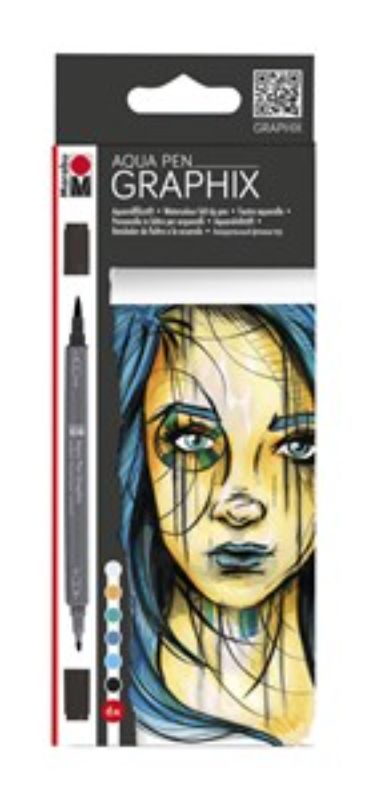 Marabu Aqua Pen Graphix METROPOLITAN (6) set, featuring dual tips for precise lines and vibrant watercolour effects.