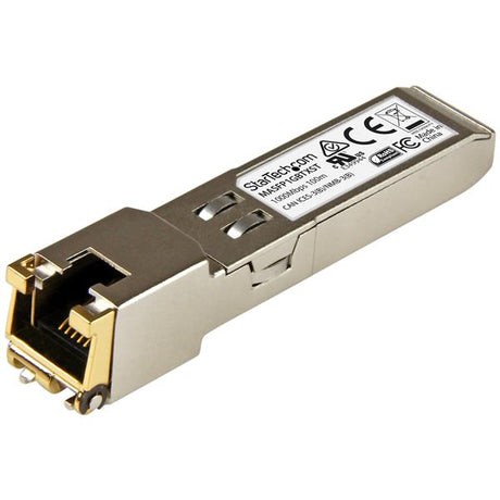 Cisco Meraki MA-SFP-1GB-TX compatible SFP Copper Module for 1 GbE connectivity, 100m range, RJ45 connector, hot-swappable.