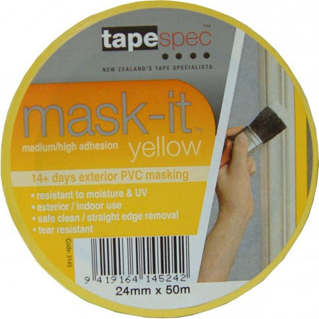 Yellow UPVC masking tape for exterior use, 50m long and 24mm wide, ensuring clean lines and easy removal for painting projects.