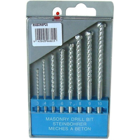 Xcel 8-Piece Masonry Drill Set, tungsten carbide tips for precision drilling in concrete, included in a durable plastic case.