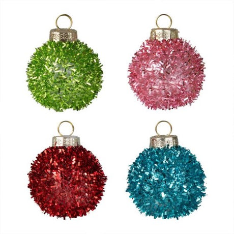 Brightly colored tinsel bauble place card holders for festive table settings, enhancing holiday gatherings with style and joy.