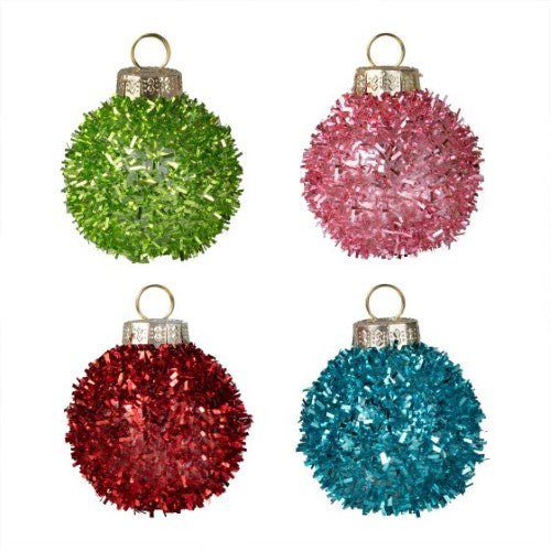 Brightly colored tinsel bauble place card holders for festive table settings, enhancing holiday gatherings with style and joy.