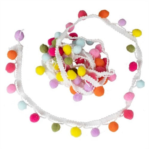 Vibrant 2m pom pom ribbon in multi-colors for festive gift wrapping and DIY projects, made from eco-friendly materials.