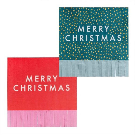 Merry & Bright Christmas paper party napkins featuring 'Merry Christmas' design, pack of 16 with charming fringing, 16.5 cm.