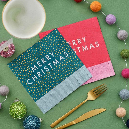 Merry & Bright Christmas paper napkins with 'Merry Christmas' design, pack of 16, ideal for festive gatherings and celebrations.